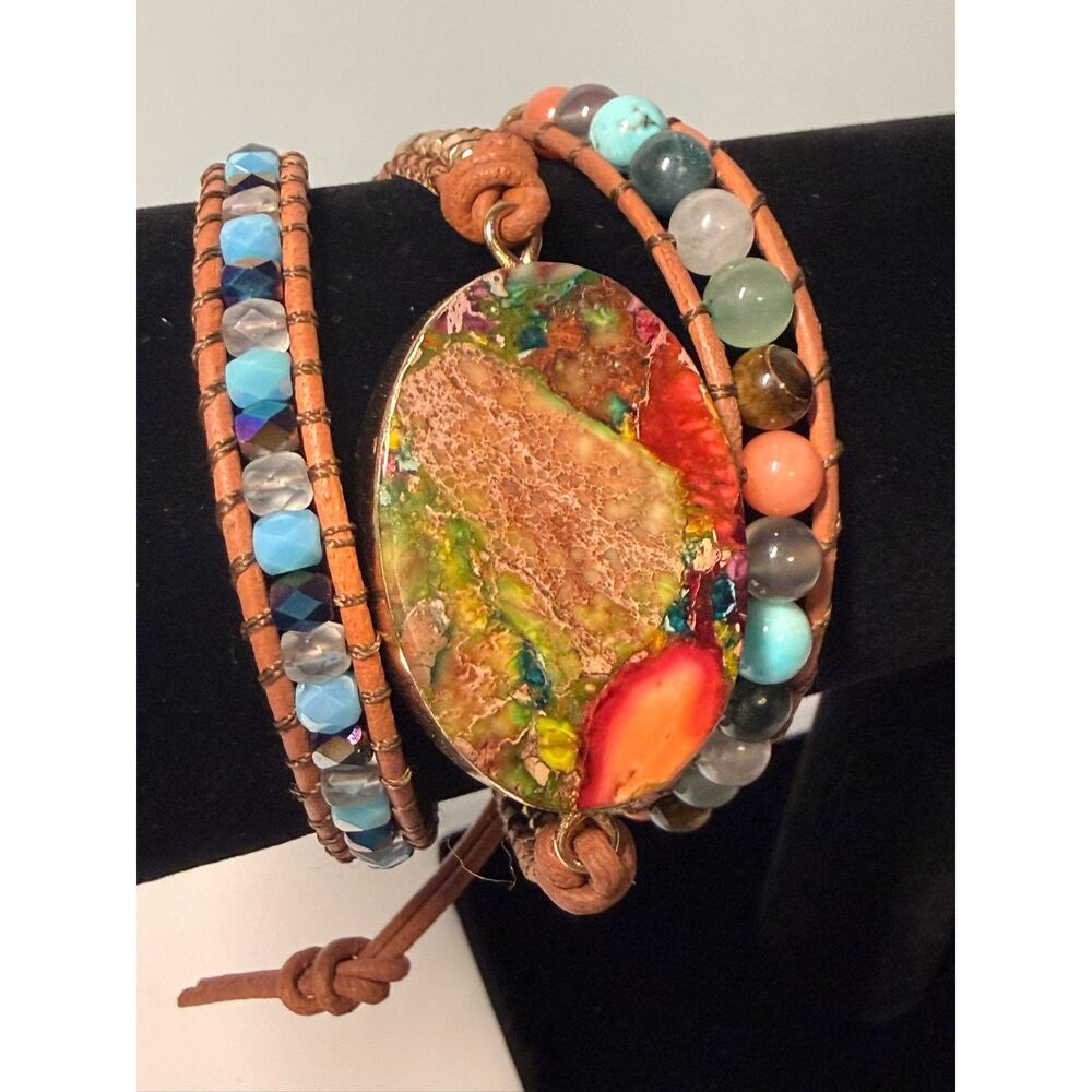 Lot of 2 Boho Leather Wrap Bracelets Mixed Stone Crystal Beaded 25”
